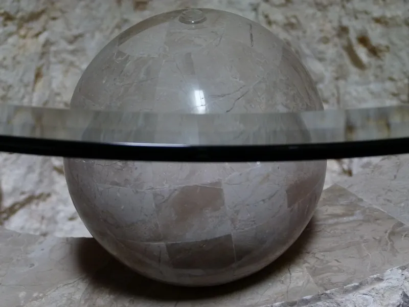 Marble-top table with a solid-wood base, handcrafted in Rajasthan, India