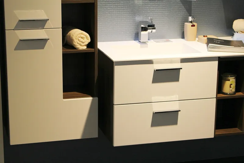 Solid sheesham wood bathroom vanity with stone top, handcrafted in Jodhpur, India