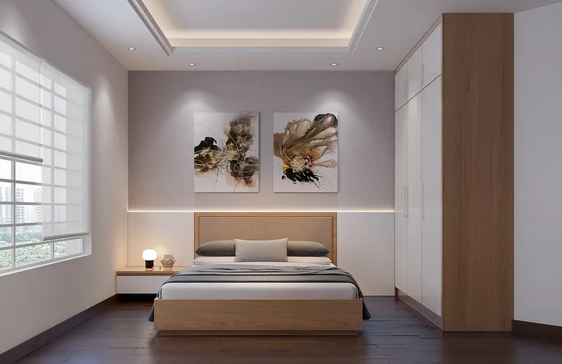 Industrial bed with matte-black powder-coated iron frame and reclaimed-wood headboard, handcrafted in India