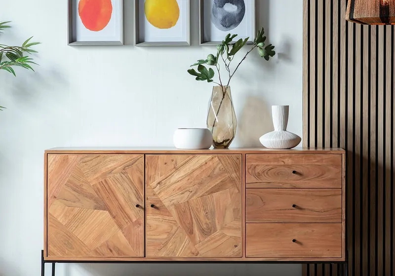 Solid acacia wood sideboard with dramatic honey and chocolate grain contrast, handcrafted in Jodhpur, India