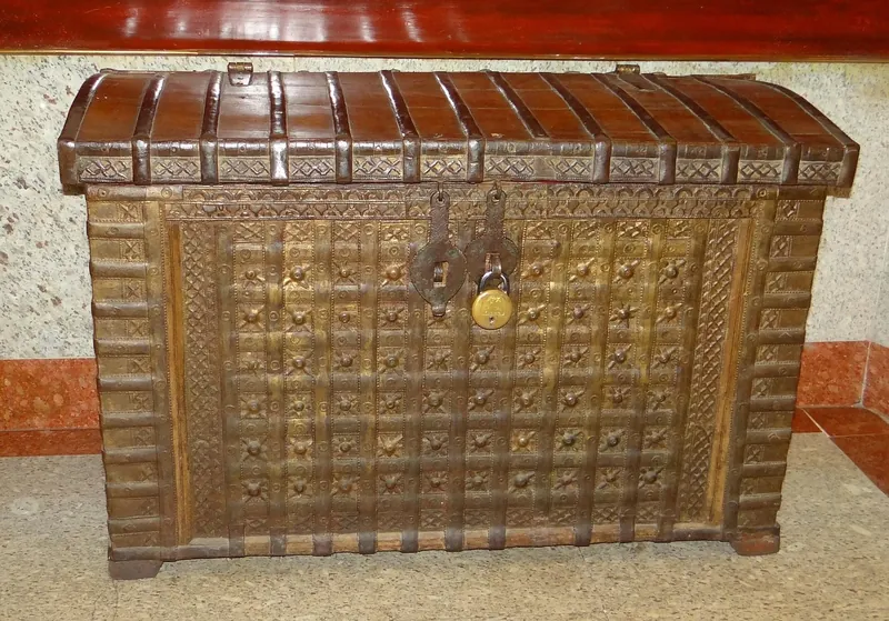 Brass-clad embossed storage trunk on a solid-wood carcass, made in Jodhpur, India