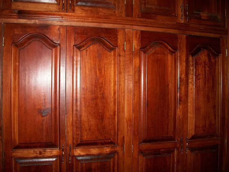 Rustic two-door wardrobe in reclaimed and solid wood with plank-joined fronts, wrought-iron strap hinges and a weathered finish, handcrafted in Jodhpur, India